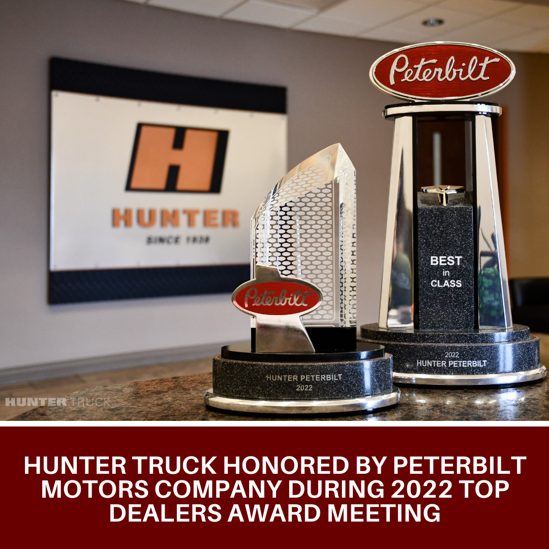 Peterbilt awards are pictured in front of the Hunter Truck Corporate Office